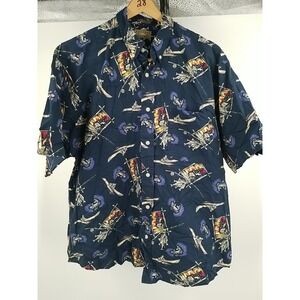 Natural Issue Mens XL Button Up Shirt Navy Blue Short Sleeve Boat Fish Fishing‎